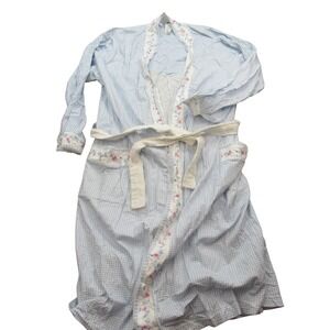 VTG Sara Beth Blue Gingham Floral Cotton Robe Womens Medium Blue White Check